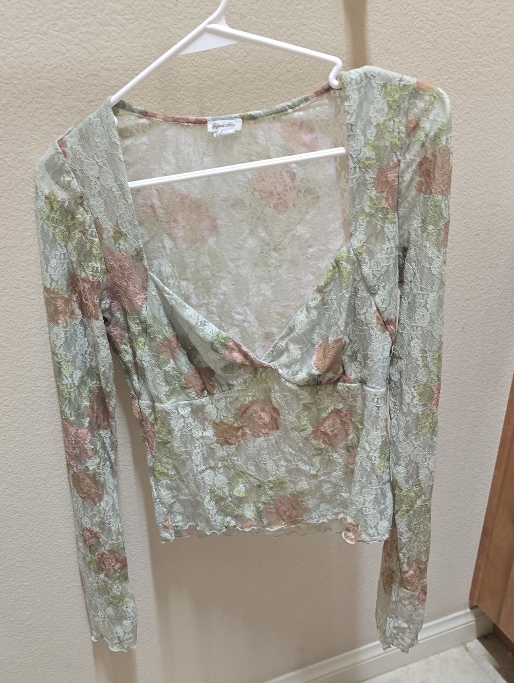 Kimchi Blue Sheer Floral Lace Long Sleeve Blouse in Mint and Blush